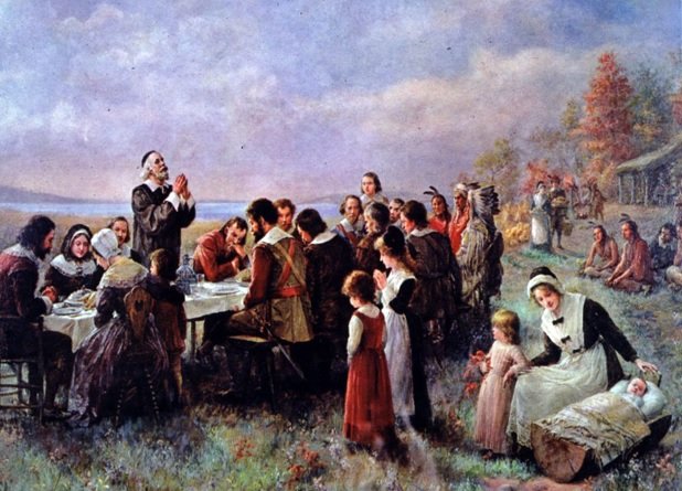 Αναπαράσταση της πρώτης γιορτής των Ευχαριστιών. Άγγλοι μετανάστες και Ινδιάνοι μαζί.